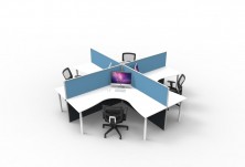 90 Degree Workstation Tops. 1800 X 1800. 60mm Round White Legs. Screen Hung Brackets